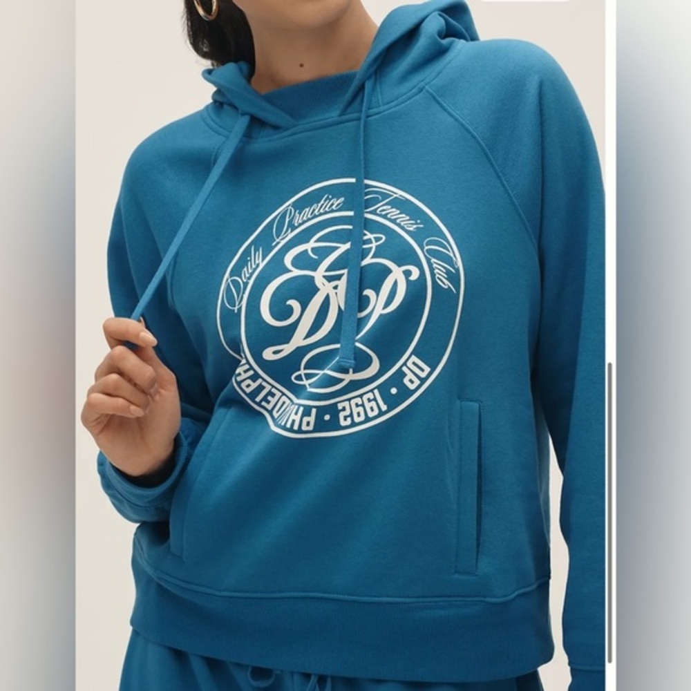 Anthropologie Daily Practice | bright blue graphic hoodie sweatshirt small NWT